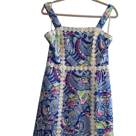 Lilly Pulitzer Elephants Print Square Neck A Line Dress Size 6 Blue White Pink - Picture 2 of 11